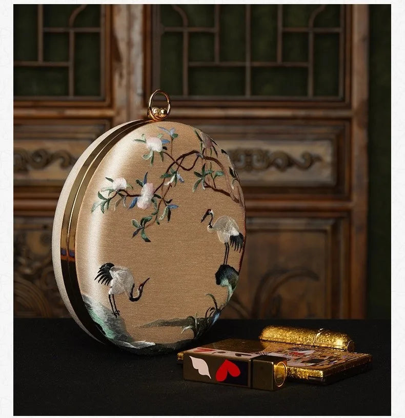 Cape-Bay Brand Women's Bag, Elegant and Classy Small Handbag, Shoulder Bag, Round Bag, Crossbody Bag, Classical Beauty, Retro Fashion, Chinese Suzhou-Style Embroidery, Landscape Painting, Floral and Bird Motifs, Beautiful Min