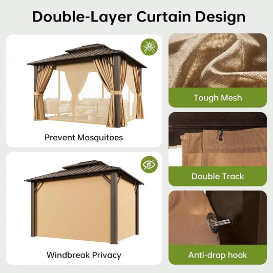 Premium Hard Roof Gazebo Heavy Duty Metal Frame Waterproof Sunshade Permanent Outdoor Pergola With Curtains And Netting