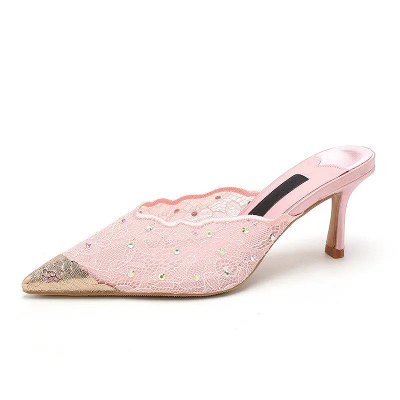 Luxury Rhinestones Mesh Lace Women Pumps Sandals Summer Elegant Pointed Toe 8cm Thin High Heels Mulse Sides Fashion Party Shoes