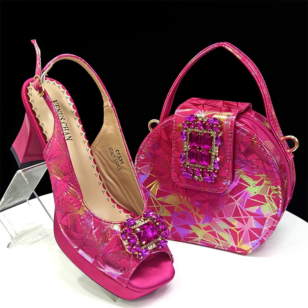 Venus Chan 2025 Elegant Peep-Toe Heels for Women - Perfect Italian Party Shoes & Bag Set with Sparkling Diamond Accents