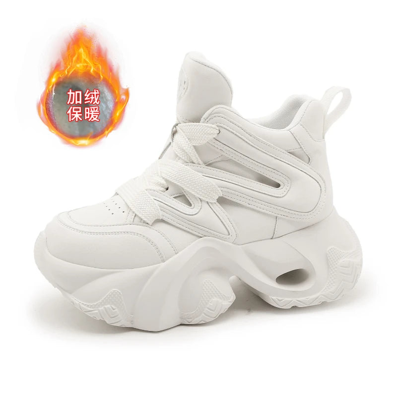 Chunky Platform Hidden Height Increasing Sneakers Casual Lace Up Shoes In White And Grey With Hollow Out Design For Streetwear