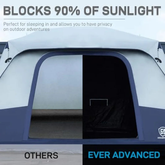 Camping tent for 10 persons, blackout design, black fabric, multi-room layout with rainfly and carry bag, 2 doors, water-resist