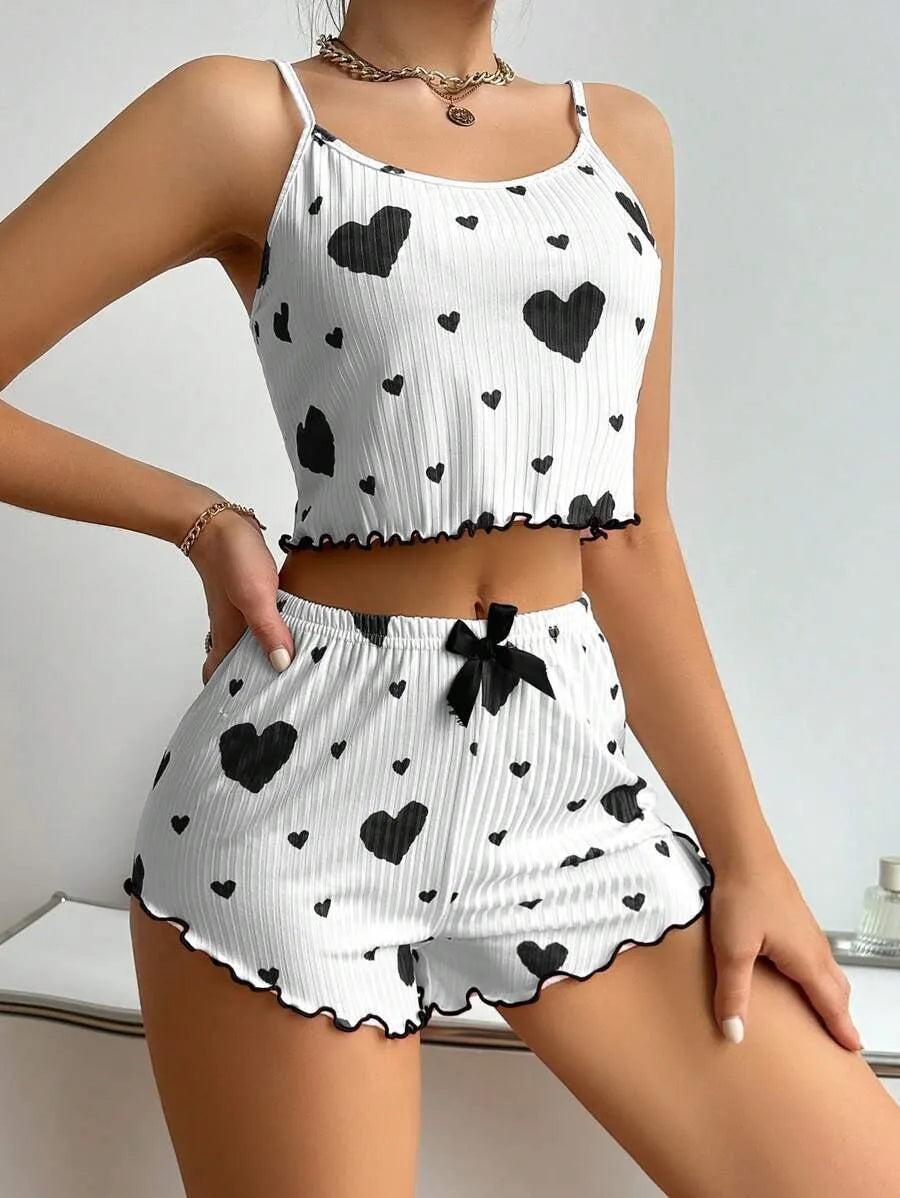2 Pcs Women's Pajamas Set,Casual Sleepwear Printed Shorts Tank Tops And Shorts White Ventilate Soft Casual Love Printing Suits
