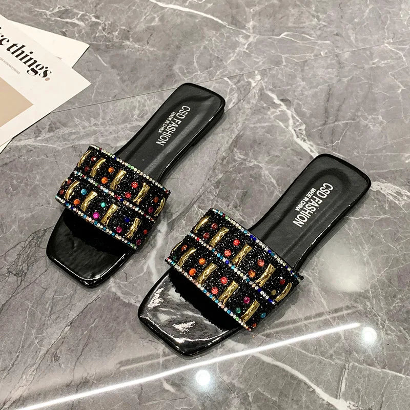 Slippers for Women Shiny Rhinestone Sandals Women Outdoor Beach Casual Shoes Sexy Fashion Big Size Flat Shoes Sandalias De Mujer