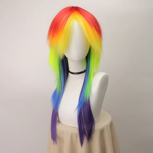 Rainbow Ombre Long Straight Layered Synthetic Wig With Bangs Unisex Pride Halloween Party Cosplay Costume Hairpiece