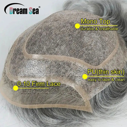 #1B60 Long Human Hair 8"x10" Mono Base With PU Toupee Man Grey Silver Hair Mens Replacement System Lace Front Natural Hairline