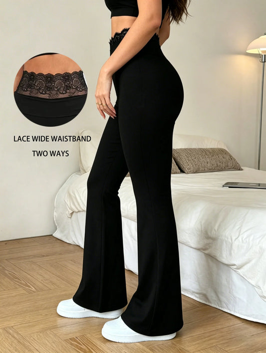 Ladies' lace flared trousers with wide waist design are intellectual, elegant, simple, fashionable, casual and versatile.