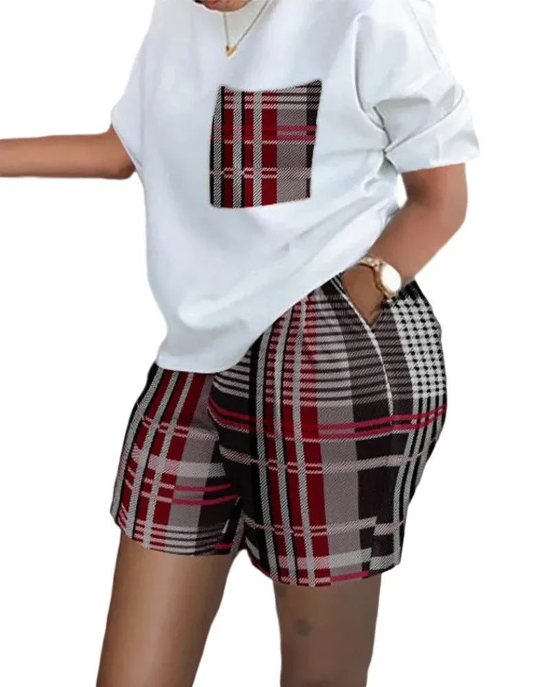 Ladies Casual Summer Two Piece Sets Printed Shorts Sets Women Round Neck Short Sleeve T Shirts Pullover High Waist Trousers Suit