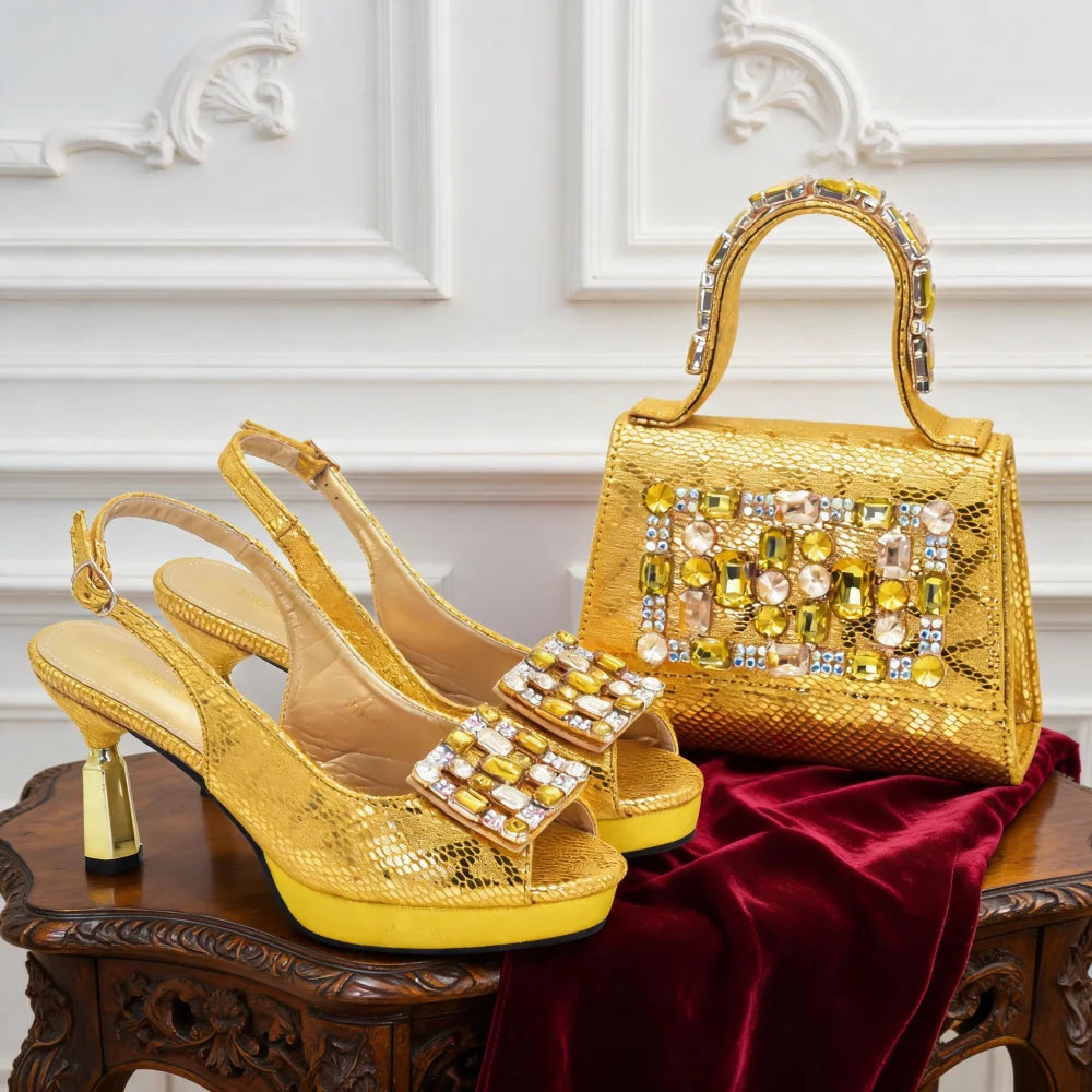Italian Matching Nigerian Shoe and Bag Decorated with Rhinestone African Shoes and Bags Matching Set Luxury Wedding Woman Shoe