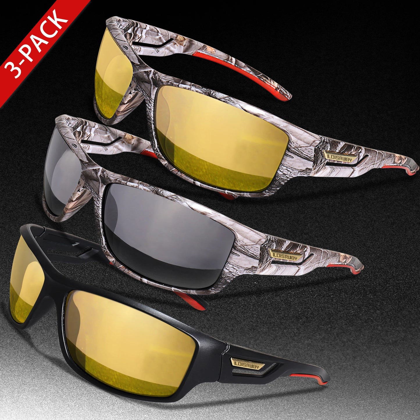 3 Pairs Polarized Fishing Sunglasses Men Camo Military Style UV400 For Cycling Riding, Running, Fishing And Driving