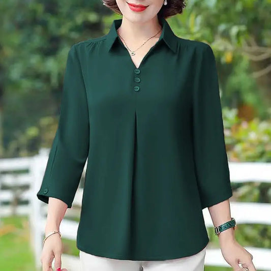 Summer Fashion Oversized Polo-neck Solid Color Shirt Ladies Half Sleeve Loose Casual Top Women Elegant Vintage Shirring Blouse