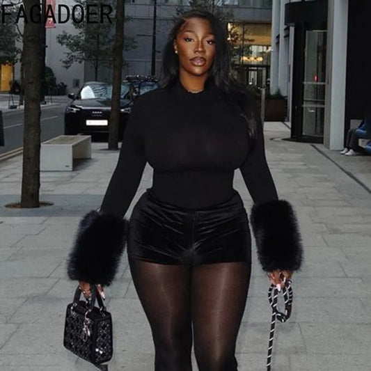 FAGADOER Winter New Sexy Fur Patchwork 2 Pieces Set for Woman Outfits Long Sleeves Bodycon Playsuits + Shorts Female Streetwear