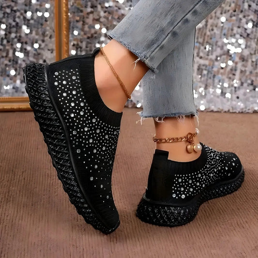 Shiny Crystal Black Women Sneakers Breathable Knitted Non Slip Casual Walking Shoes Woman Comfortable Soft Bottom Loafers Flats