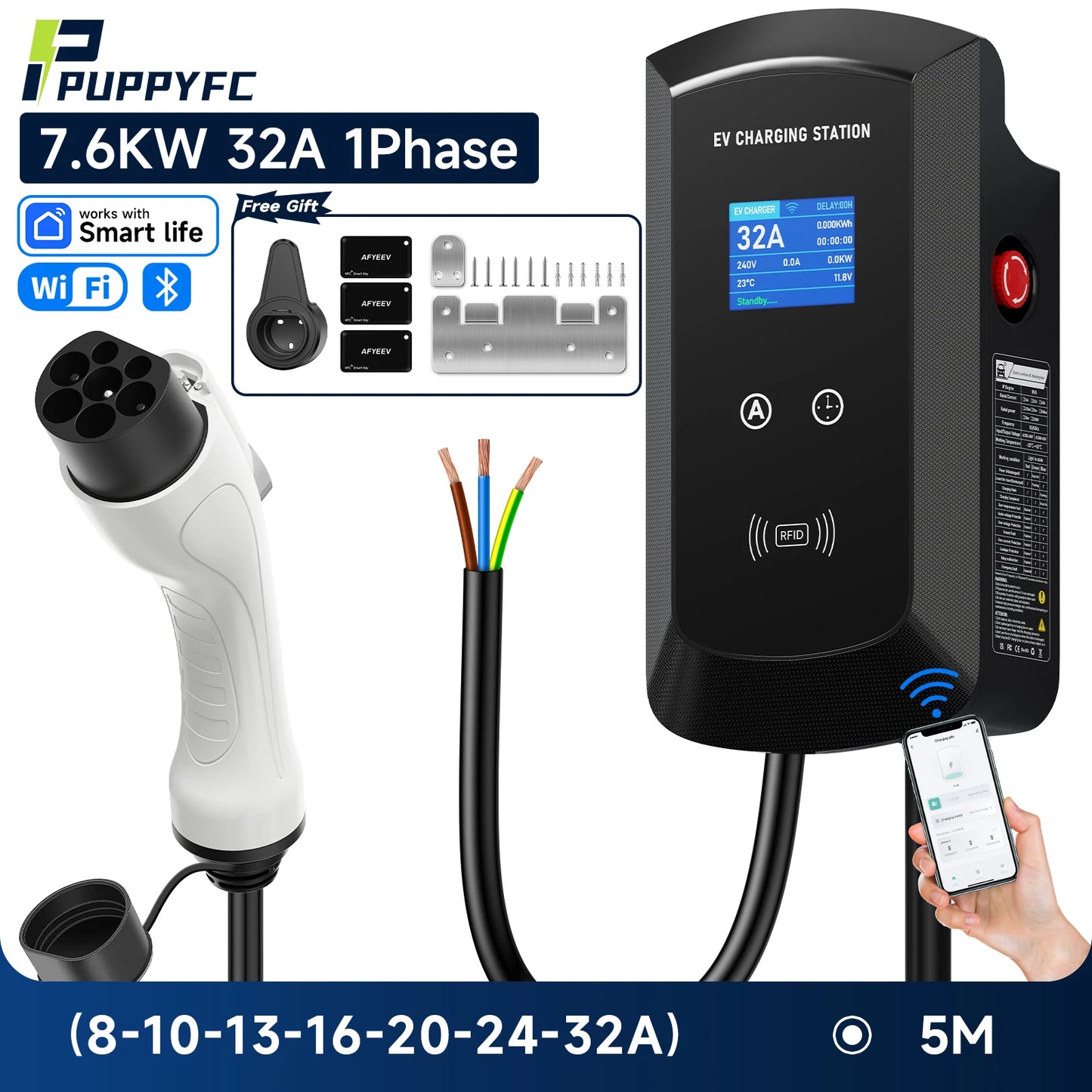 Puppyfc 7.6KW/11KW/22KW 3Phase EV Charging Station GBT 20234 Electric Car Charger EVSE Wallbox WiFi Bluetooth APP Remote Control
