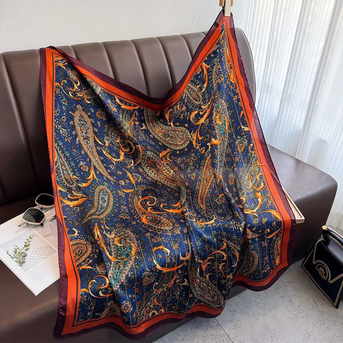 New 90cm Square Scarf Retro Cashew Floral Print Silk Scarfs Women Foulard Headscarf Summer Shawl Hijab Bandana Neck Head Scarf