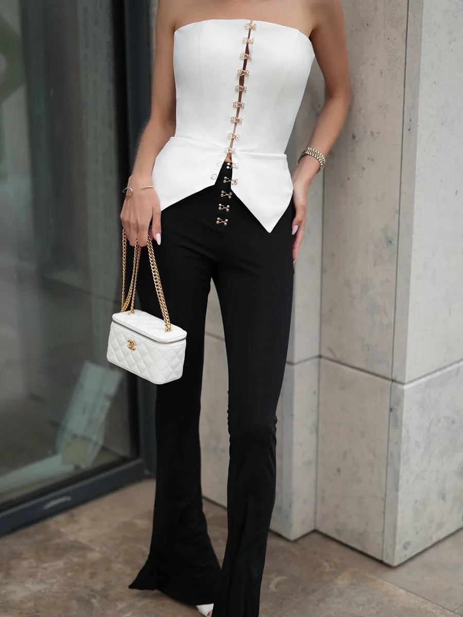 Bornladies Women's White Strapless Top Summer New Fashion Office Lady Metal Buckle Sleeveless Top Female Sexy Slim Fit Vest