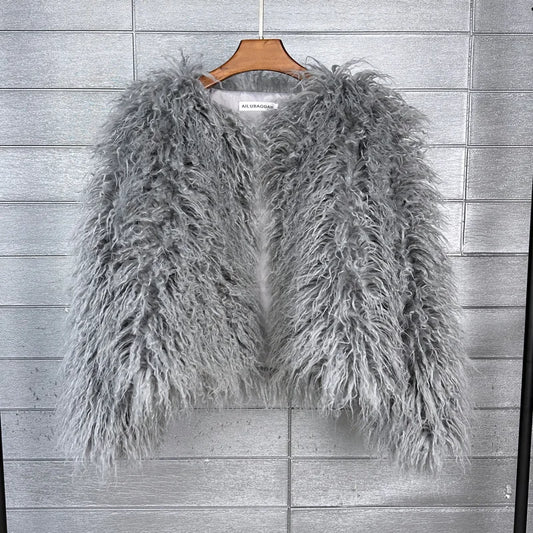 Women's Faux Fur Cropped Jacket, Luxurious Korean Style Shearling Coat, Solid Color Winter Fashion Outwear