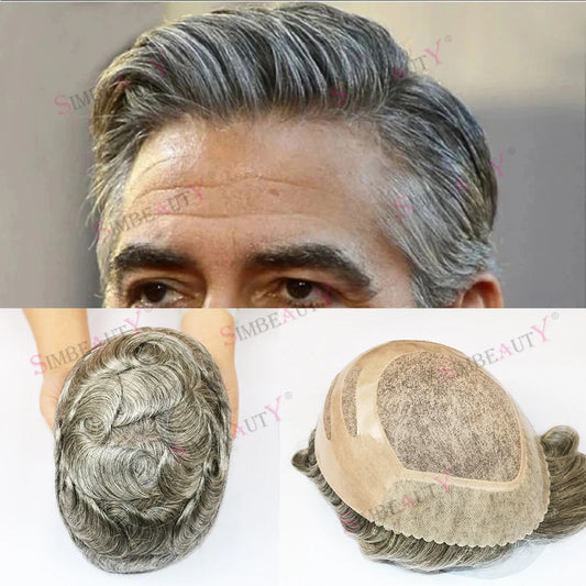 Durable Mens Wig NPU Bond Mono Pu Front Hair Replacement System Breathable Lace Mix Brown Grey 1B80 565# Human Hair Prosthesis