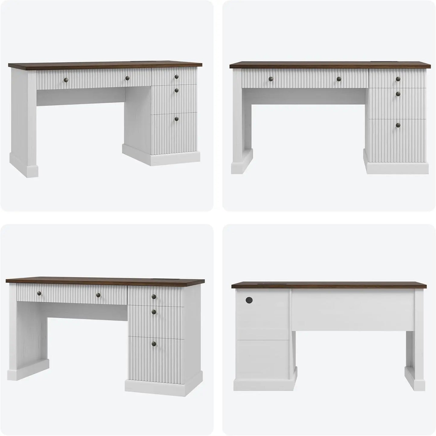 54" Modern Executive Desk with Charging Station Fluted Wood Computer Desk with File Cabinet & Drawers Home Office Furniture
