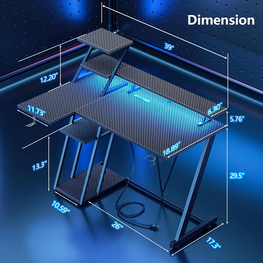 39 Inch Gaming Desk with LED Lights & Power Outlet, Small Gaming Computer Desk with Storage Shelves, L Shaped Gamer, Customized