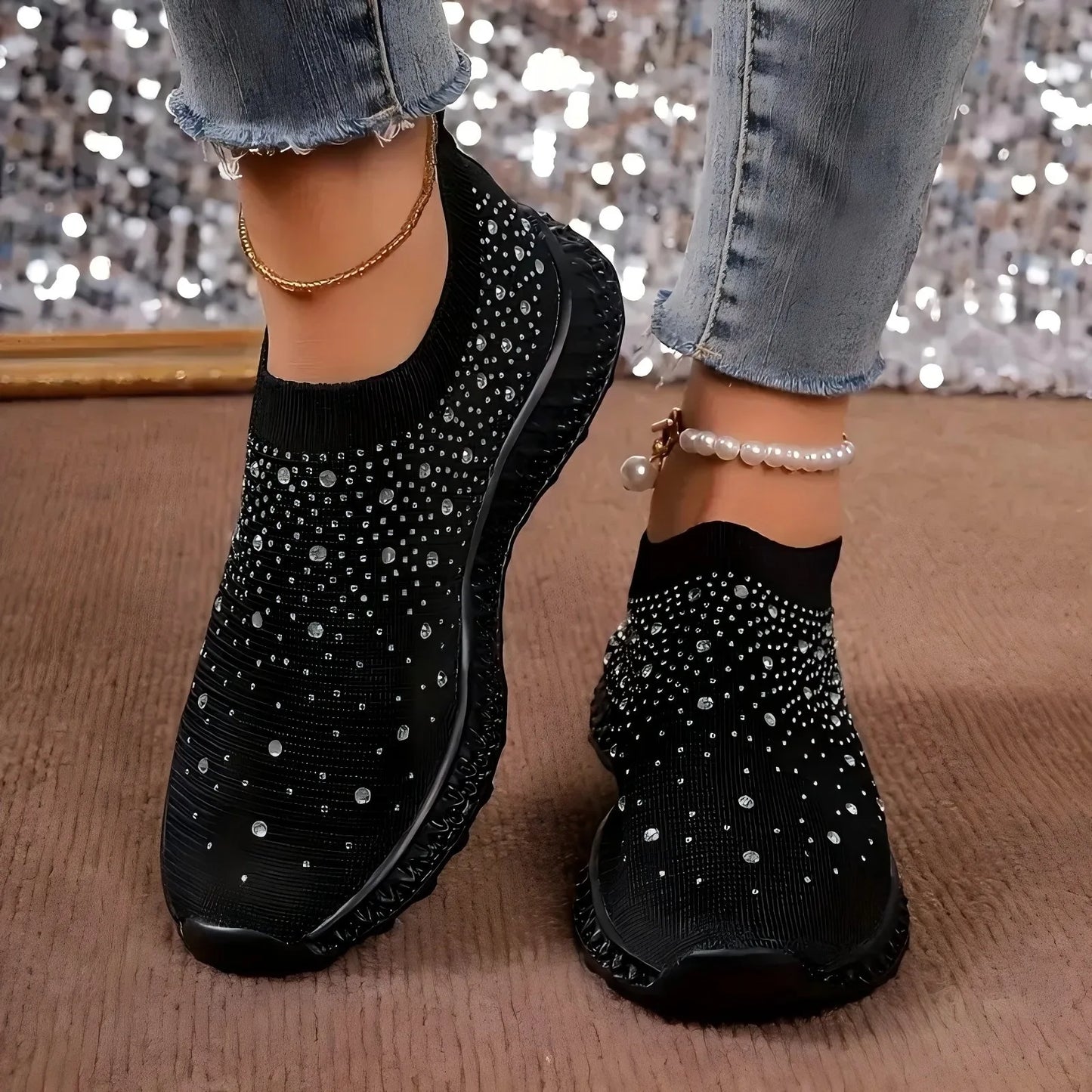 Shiny Crystal Black Women Sneakers Breathable Knitted Non Slip Casual Walking Shoes Woman Comfortable Soft Bottom Loafers Flats