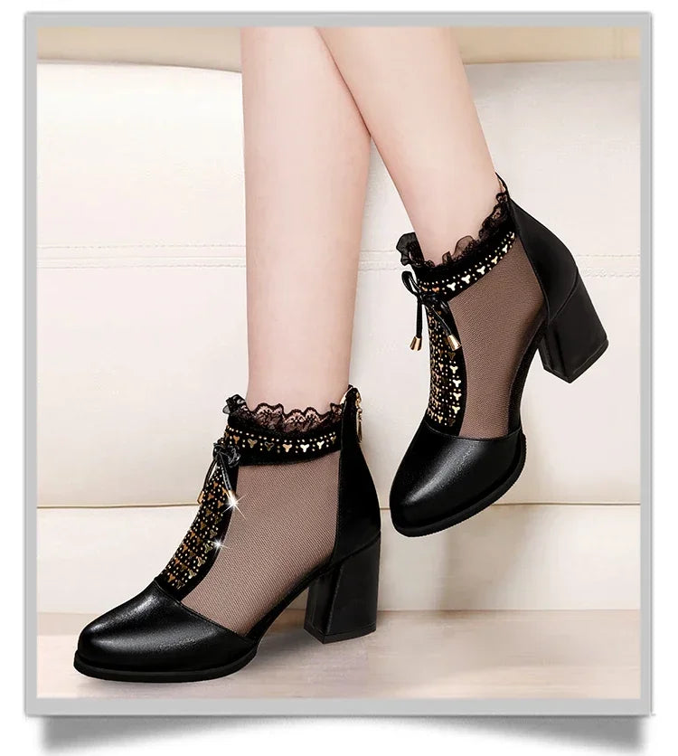 2025 Elegant High Heels Mesh Bow Summer Shoes High Heel Women Sandals Fish Mouth Black Leather Sandal Ankle Boots Luxury Fashion