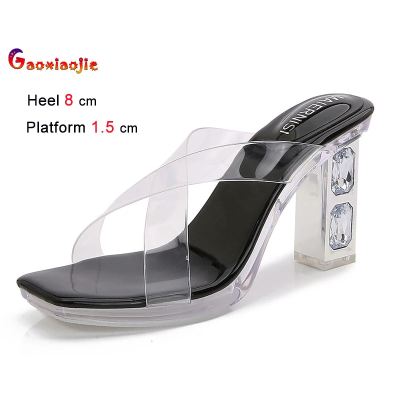 2025 Red High Heels 8cm Women Shoes Rhinestone Thick Heels Square Toe Ladies Pumps Cross Tie Straps Slippers Sandals Party Shoes