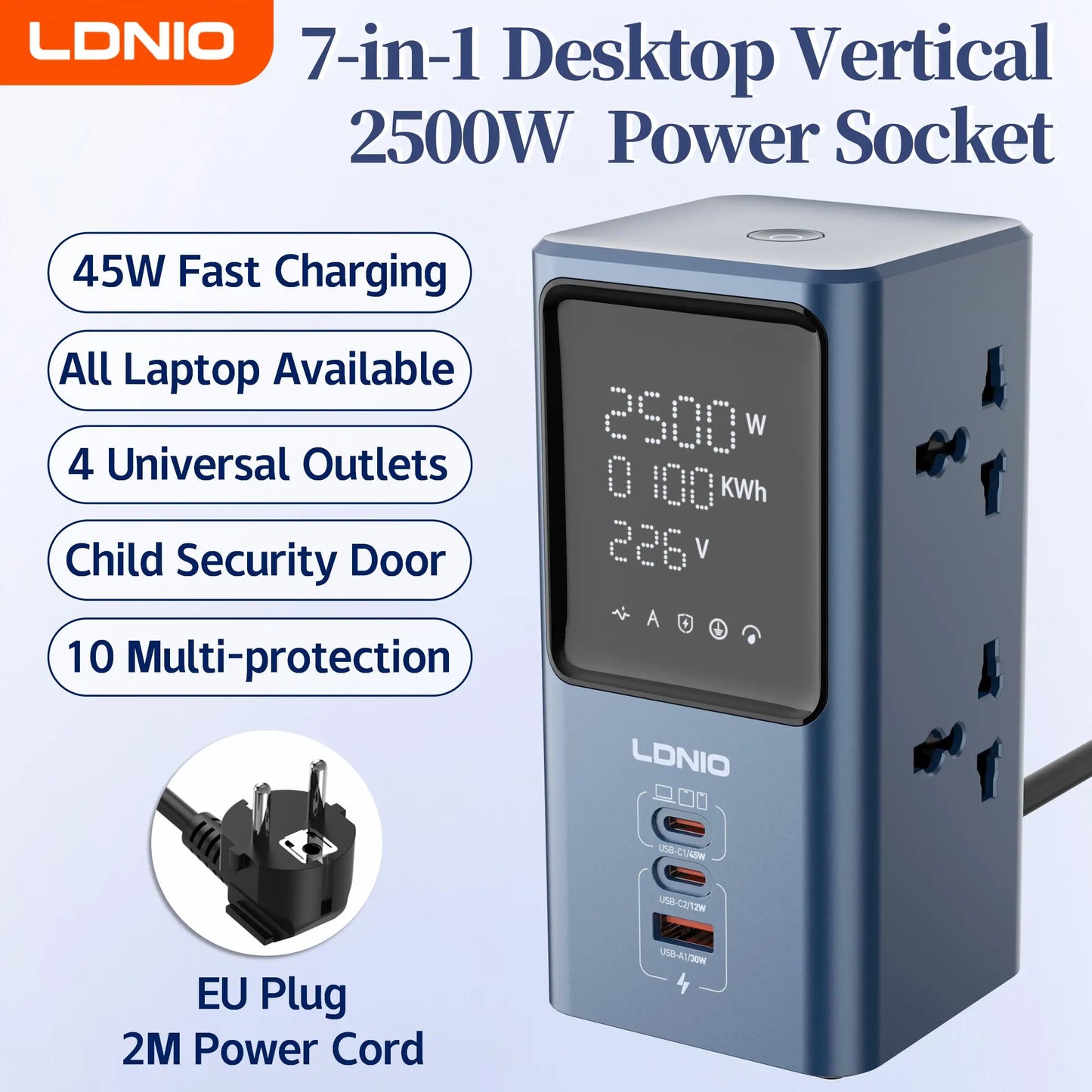 LDNIO Vertical Universal Socket Tower Power Strip Multi Outlets with 45W PD USB C Fast Charging Stations Extension Cable LED