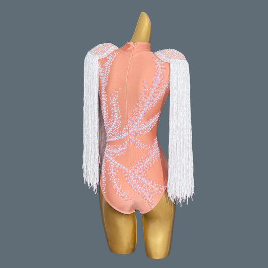 Luxury Rhinestones Pink Spandex Bodysuit Sexy Diamond Beaded Tassel Birthday Party Stage Show Leotard Singer Wear Jianzhangliusu