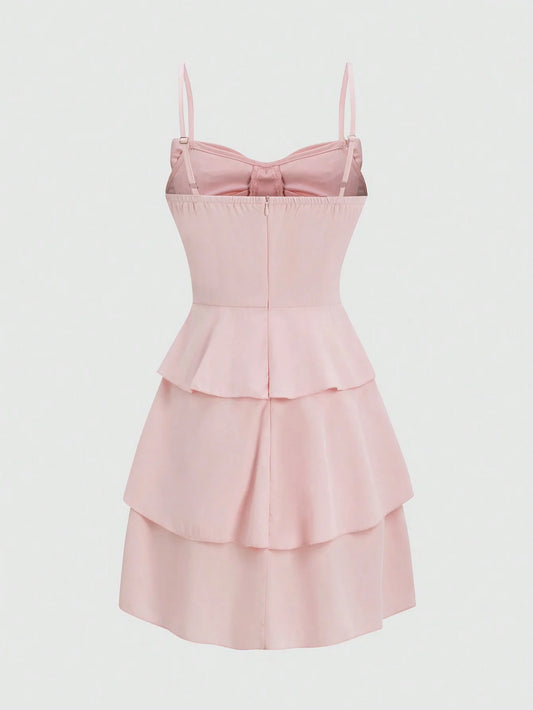 Fashionable women's waist cinched three-layer ruffle edge bow suspender dress