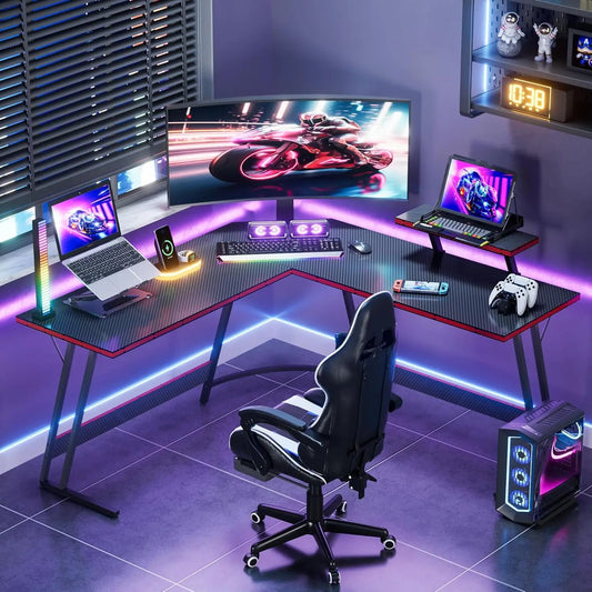 L-Shaped Gaming Desk with Monitor Stand, 51-Inch Corner Computer Table for Home Office, Sturdy Black Workstation