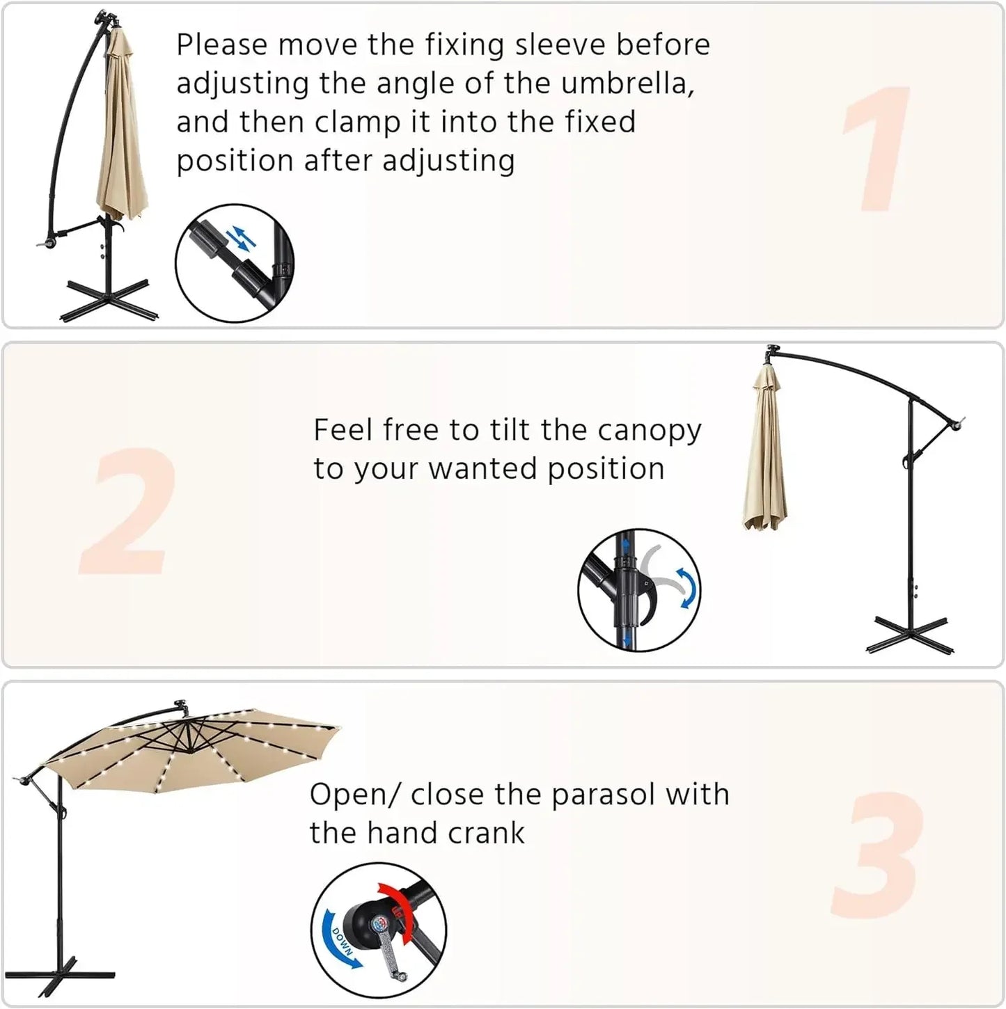 Solar Offset Umbrella with 10FT 32 LED Lights Cantilever Outdoor Umbrellas Handy Crank & Cross Base for The Beach for Backyard