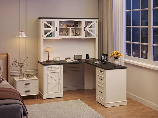 72" L-Shaped Executive Desk with Hutch, Farmhouse Home Office Desk, Wood L Shaped Computer Desks, Withe Computer Workstations