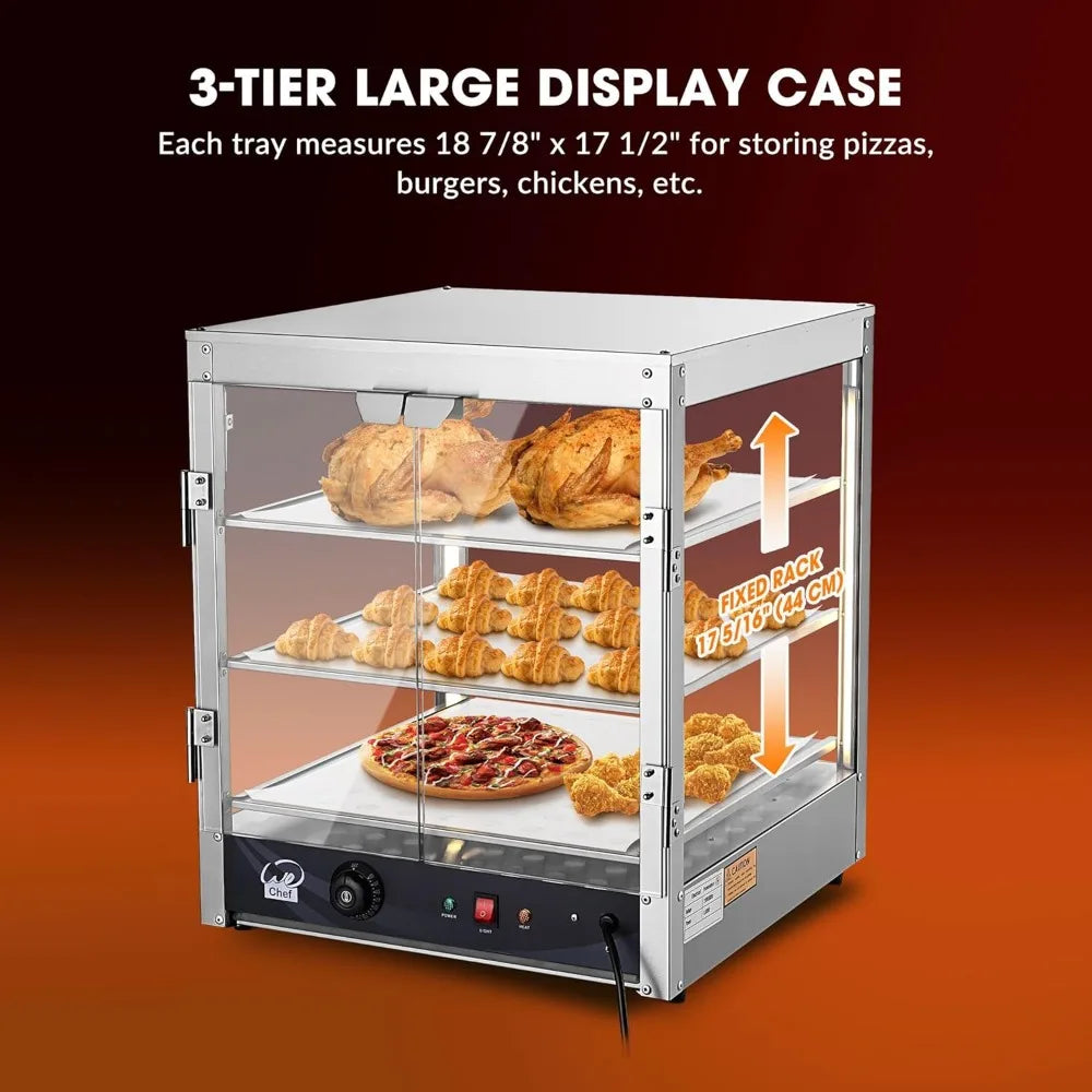 20" Commercial Countertop Food 3-Tier Pizza Warmer with LED Adjustable Lighting Food Heater Display Case Stainless Steel for Fo