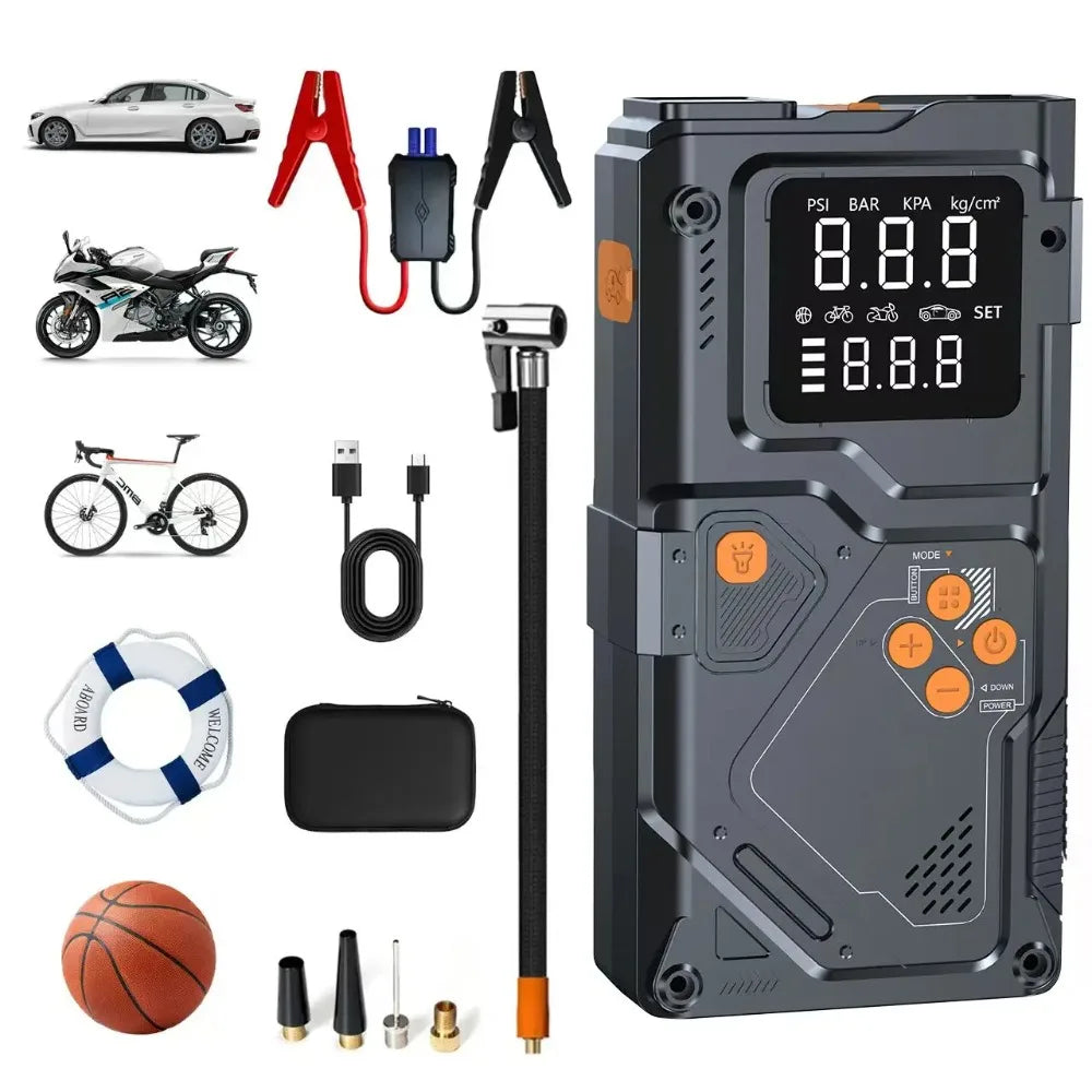 Car Jump Starter Air Compressor With Power Bank Portable Electric Pump Auto Battery Booster 12V Jump Box With Flashlight