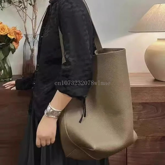 Soft Leather Bucket Bag Large Capacity Commuter Shoulder Handbag Lychee Pattern Women's Underarm Female Ladies Versatile Handbag