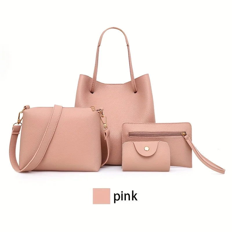 New 4pc Large Capacity Leather Handbag Solid Color Lychee Texture Shoulder Bag Bucket Bag Purse