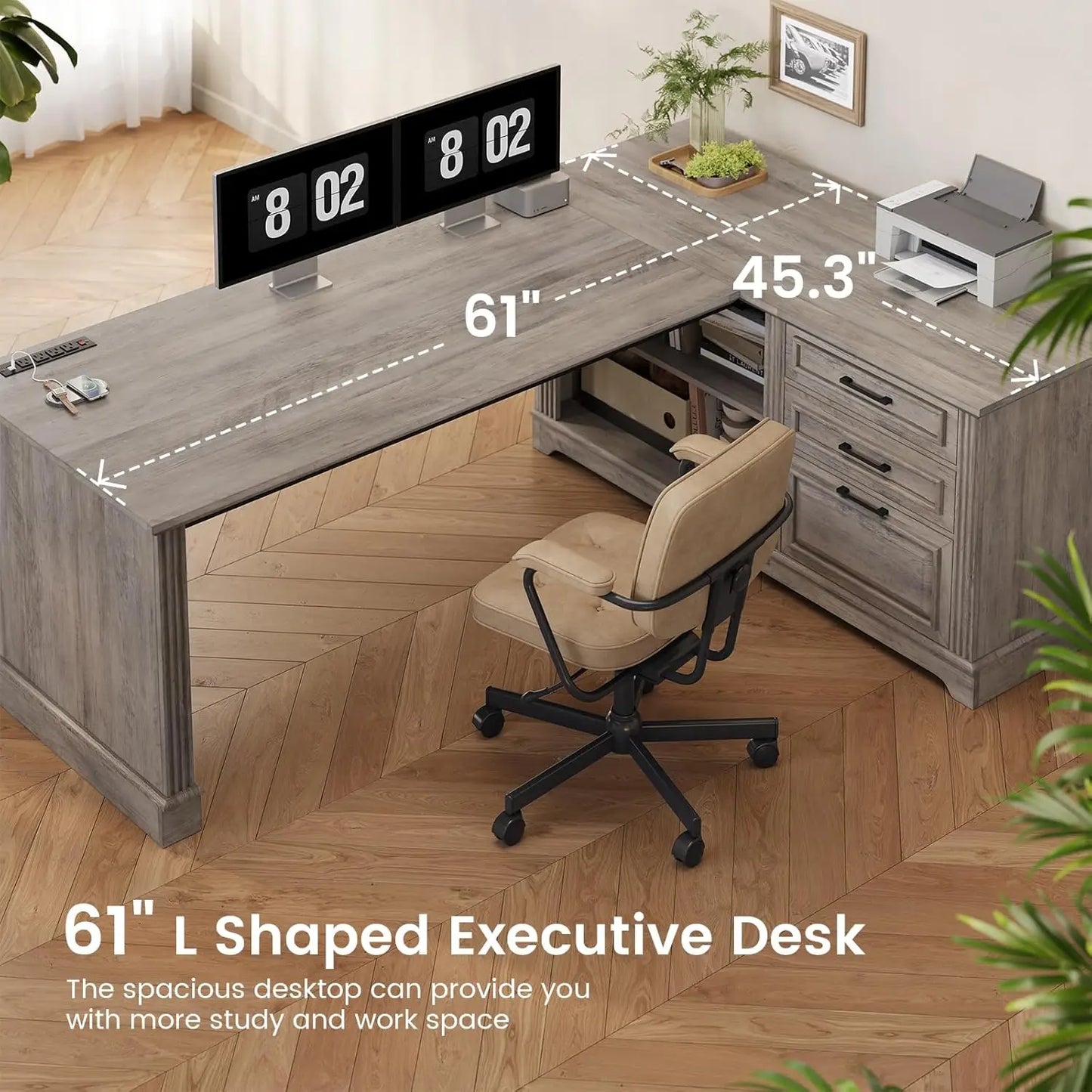 Executive Desk, 61' Farmhouse L Shaped Desk with File Drawers, Office Desk with Drawers and Power Outlets, Computer Desk with