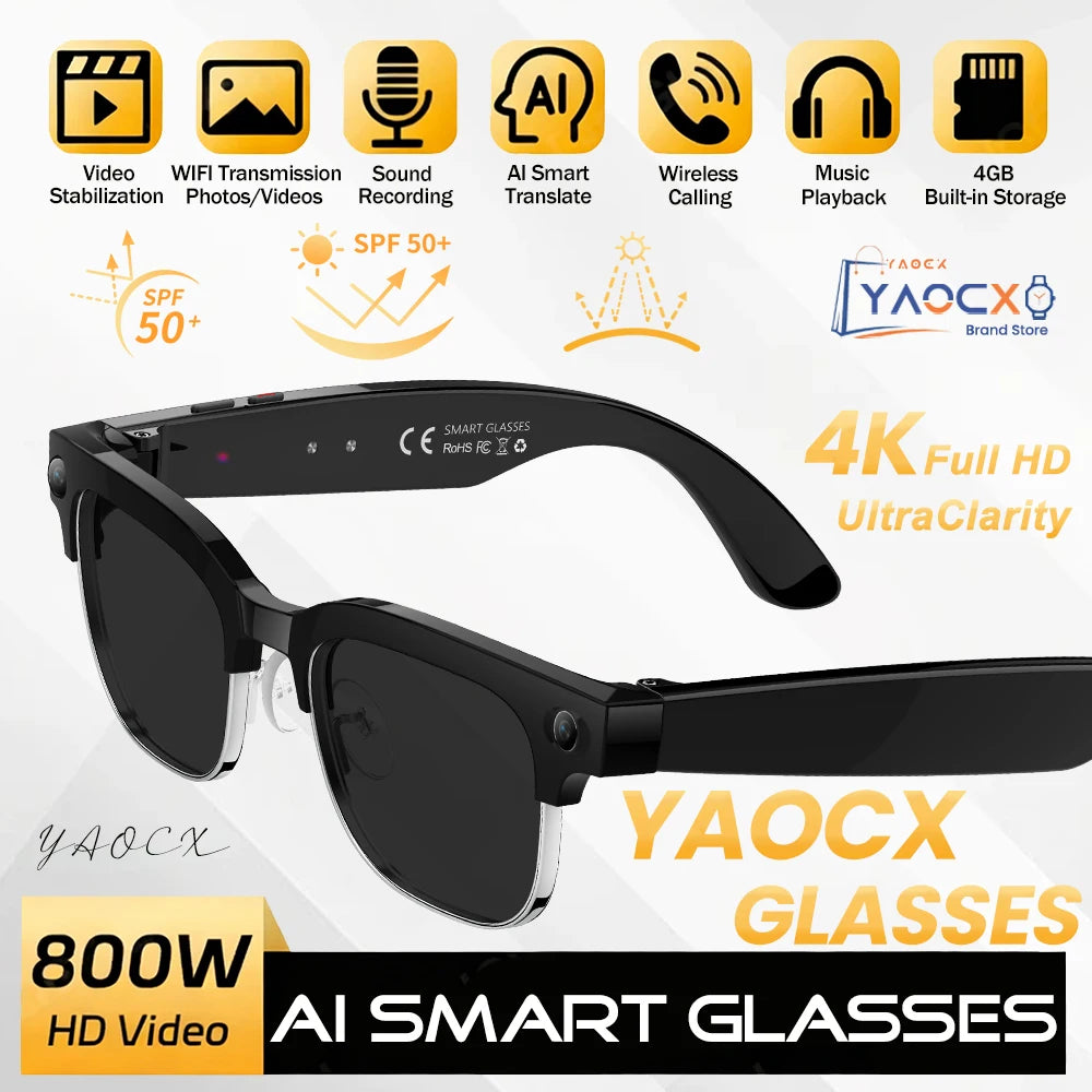 2026 New 4K HD 800W Pixel Dual-Camera Smart Glasses Men 1080P Video Recording AI Chat WIFI Transmission Translation Call Glasses
