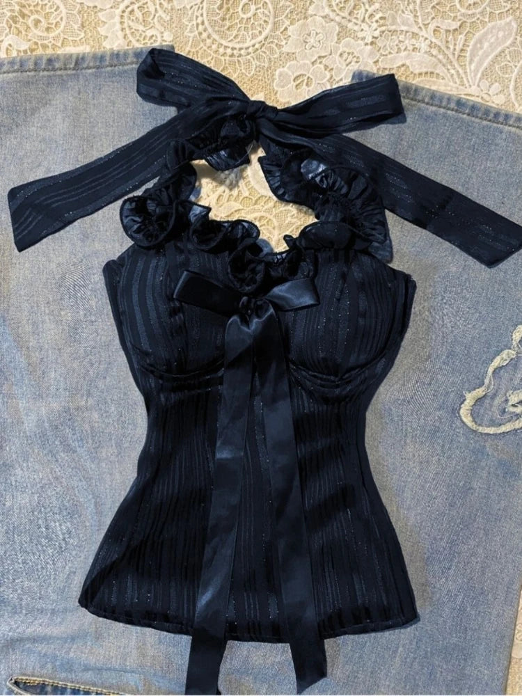 French Pure Desire Sexy Lace-up Vest Women Bow Sling Millennium Sweet Spice Girl Y2k Tops New Retro Hot Chick Aesthetic Clothing