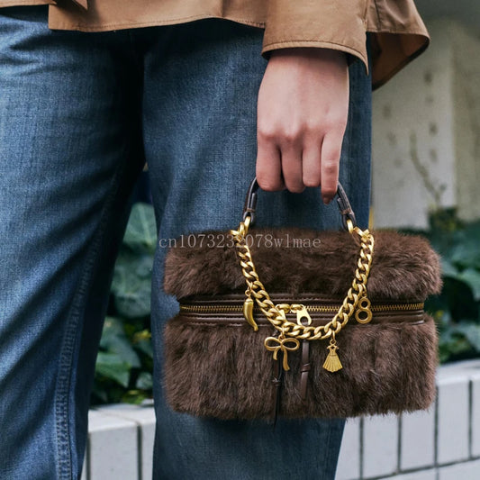 Faux Fur Mini Box Bags Luxury Designer Handbag for Women Trendy Ladies Fashion Casual Chain Elegant Shoulder Bags Crossbody Bag