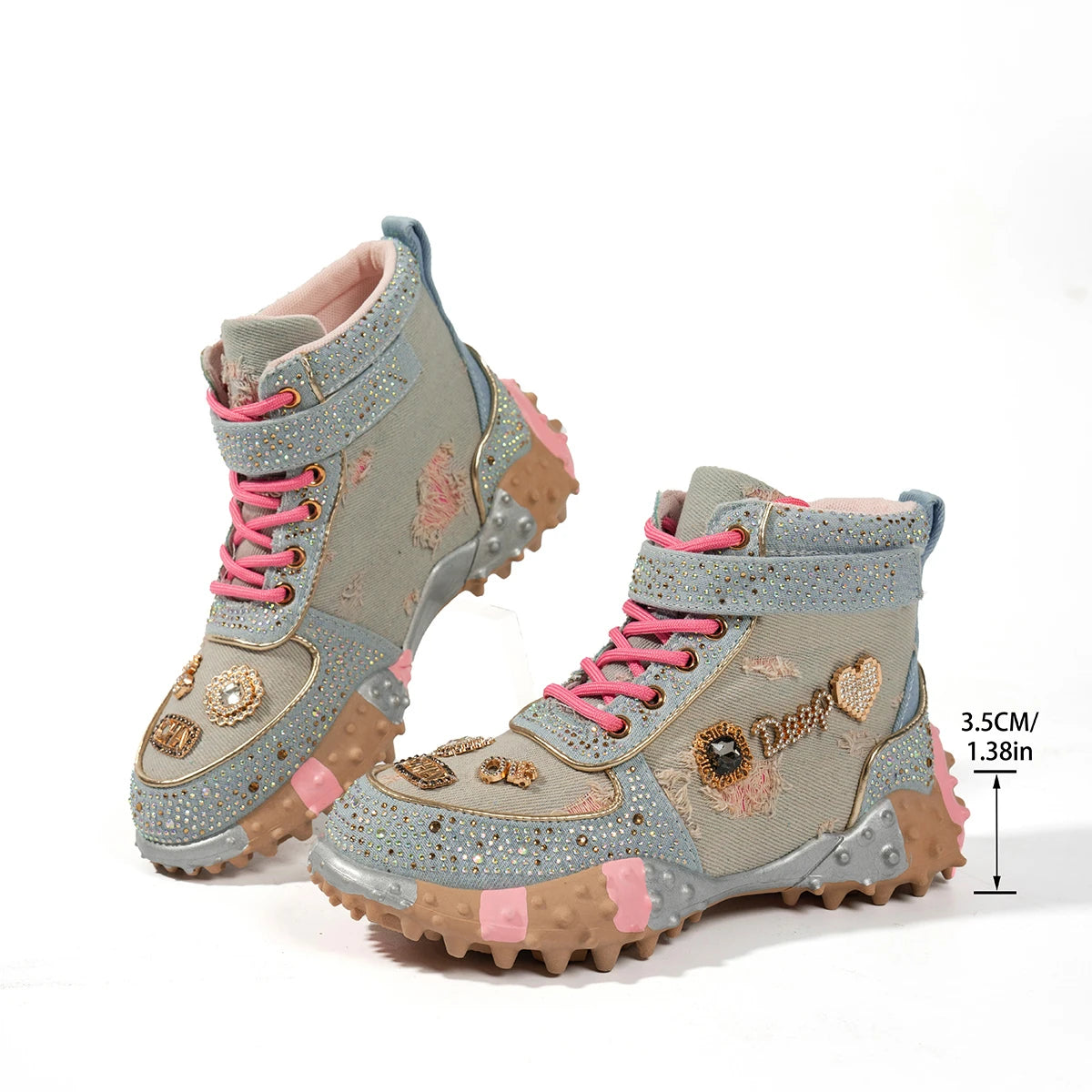Luxury Rhinestone Casual Women's Sneakers High Top Thick Bottom Loafers 2026 Fashion Comfort Lace Up Women Shoes Tênis Feminino