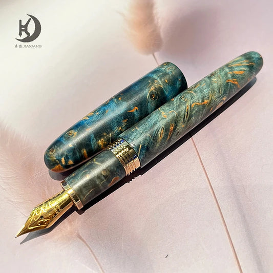 Natural Stabilized Wood Fountain Pen, Fine Nib Carving Handcraft Pen with Converter (Grass Green/Red/Blue)