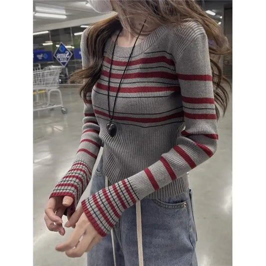 Gray Striped Round Neck Straight Shoulder Long Sleeve Sweater Women's Short Base Shirt Top