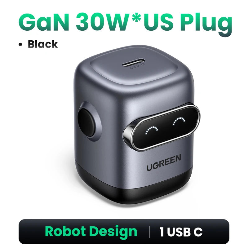【US Plug】UGREEN Robot Design 30W GaN Charger QC4.0 3.0 PPS PD3.0 Fast Charger For iPhone 16 15 14 Pro Samsung Xiaomi iPad Air