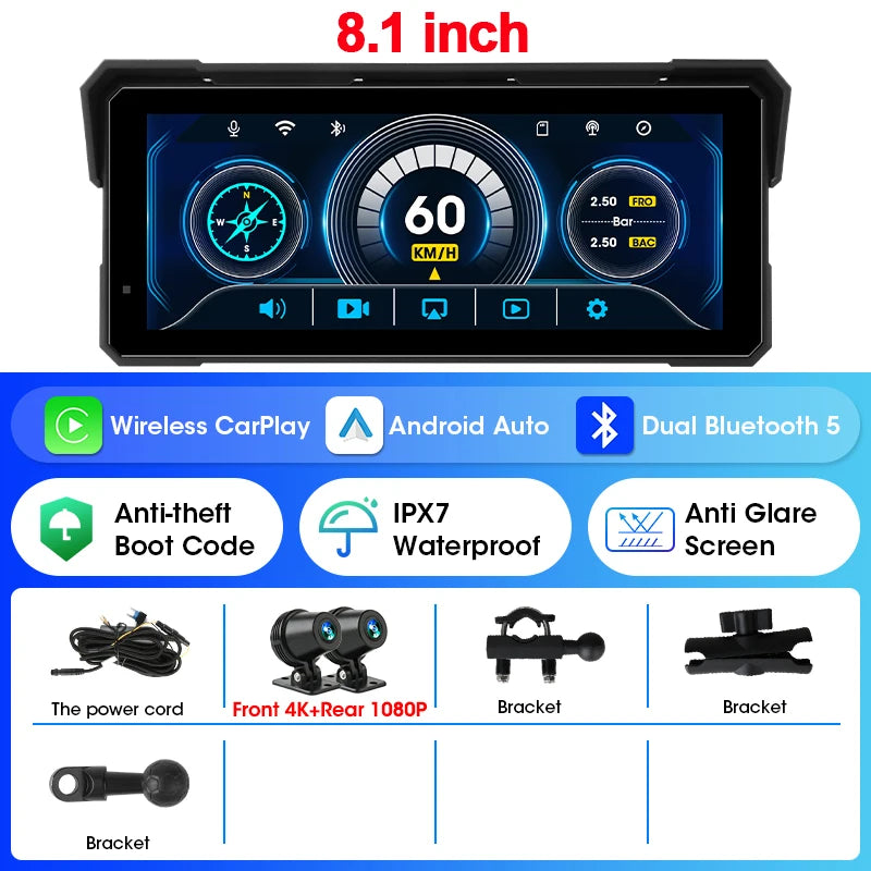 5/8.1 inch Motorcycle Carplay GPS Navigation Wireless Carplay Android Auto IPX7 Waterproof Support 4K+1080P Dual Lens DVR