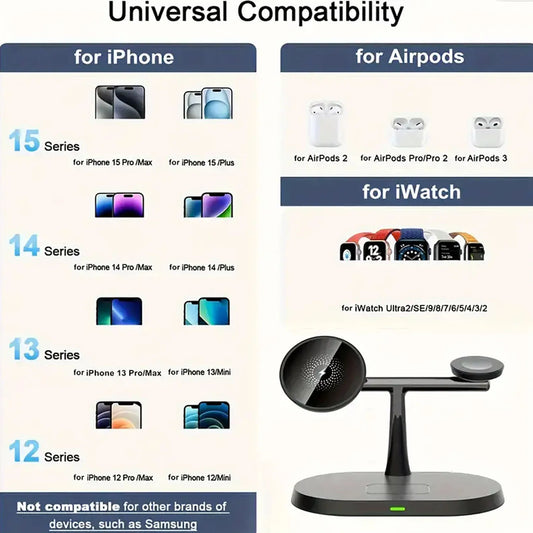 3 In 1 Magnetic Wireless Charger Stand Fast Charging Dock Station for iPhone 17/16/15/14 Pro Max, Apple Watch 8/7/6, AirPods Pro