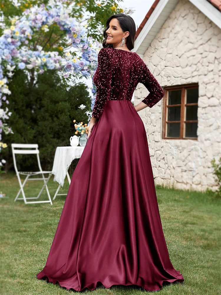 Lucyinlove Luxury Long Sleeve V-Neck Satin Formal Evening Dresses 2025 Elegant Wedding Party Sequins Women Prom Cocktail Gowns