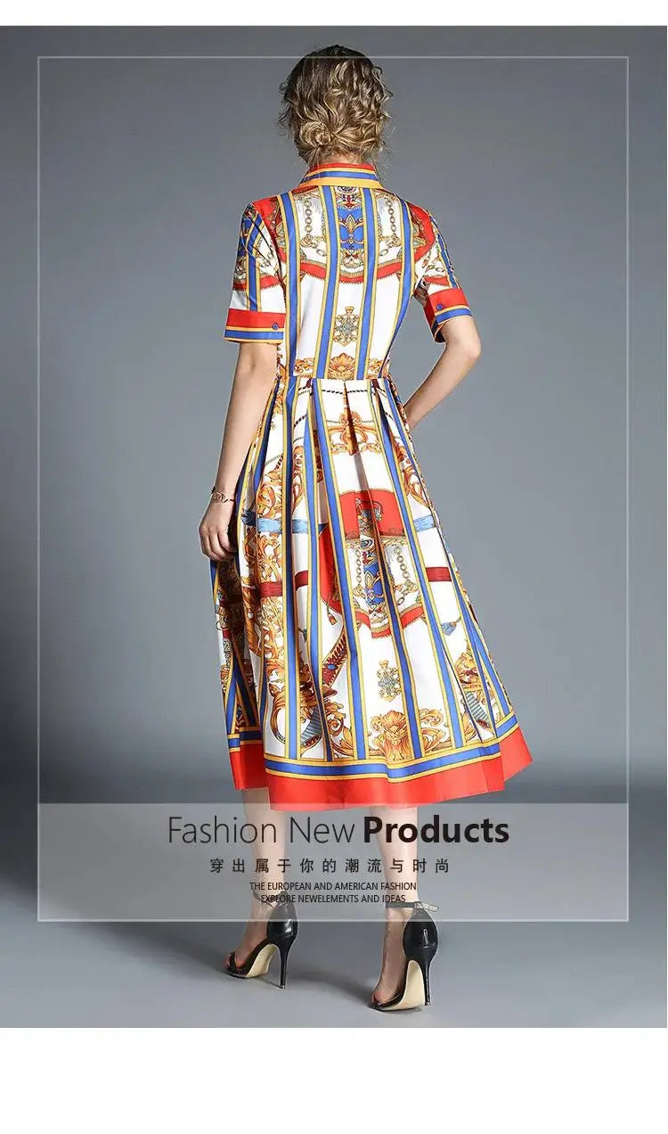 Women's Orange Striped Short Sleeves Vintage Belt Bow Tie Collar Shirt Dress Summer Runway Chain Printing Casual Midi Vestidos