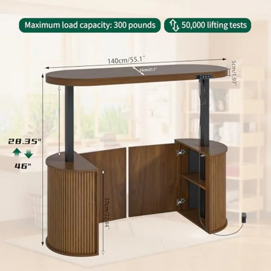 Mid Century Modern Electric Standing Desk with Storage 55 x 22 Inch Small Sit Stand Up Desk Wood Adjustable Height Computer Exe